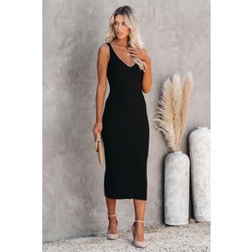 Madmext MG1724 Siyah V Yaka Askılı Triko Uzun Elbise