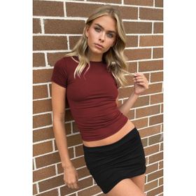 Madmext MG1725 Bordo Bisiklet Yaka Basic Kadın T-shirt
