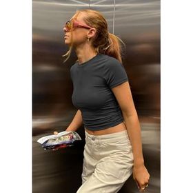 Madmext MG1725 Füme Bisiklet Yaka Basic Kadın T-shirt