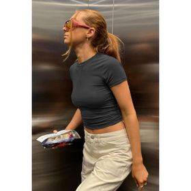Madmext MG1725 Füme Bisiklet Yaka Basic Kadın T-shirt