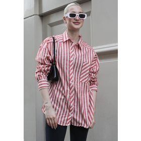 Madmext MG1729 Kırmızı Çizgili Oversize Kadın Gömlek