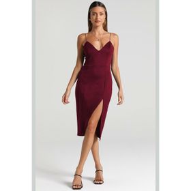 Madmext MG1742 Bordo V Yaka Yırtmaçlı Saten Elbise