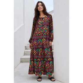 Madmext MG1742Kırmızı V Yaka Uzun Kol Desenli Elbise