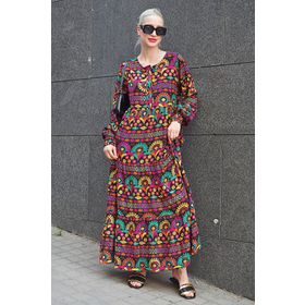 Madmext MG1742Kırmızı V Yaka Uzun Kol Desenli Elbise