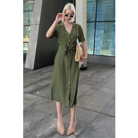 Madmext MG1743 Yeşil Gömlek Yaka Uzun Elbise