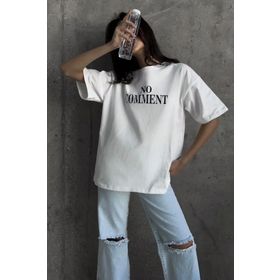 Madmext MG1763 Beyaz Baskılı Bisiklet Yaka Kadın T-shirt
