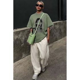 Madmext MG1764 Çağla Yeşili Oversize Baskılı Kadın T-shirt