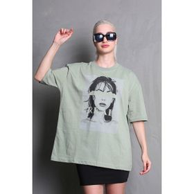 Madmext MG1764 Çağla Yeşili Oversize Baskılı Kadın T-shirt