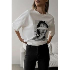 Madmext MG1764 Ekru Oversize Baskılı Kadın T-shirt