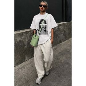 Madmext MG1764 Ekru Oversize Baskılı Kadın T-shirt
