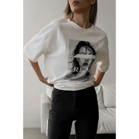 Madmext MG1764 Ekru Oversize Baskılı Kadın T-shirt