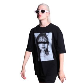 Madmext MG1764 Siyah Oversize Baskılı Kadın T-shirt