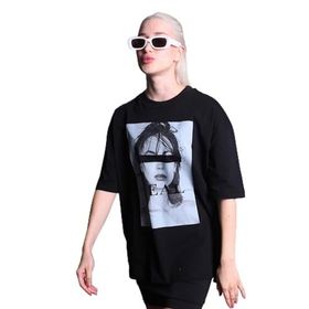 Madmext MG1764 Siyah Oversize Baskılı Kadın T-shirt