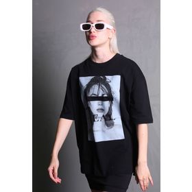 Madmext MG1764 Siyah Oversize Baskılı Kadın T-shirt
