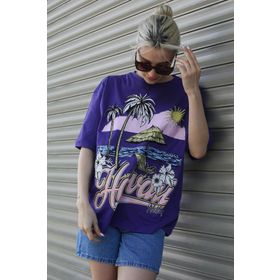 Madmext MG1765 Mor Baskılı Bisiklet Yaka Kadın T-shirt