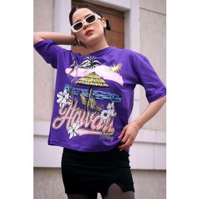 Madmext MG1765 Mor Baskılı Bisiklet Yaka Kadın T-shirt