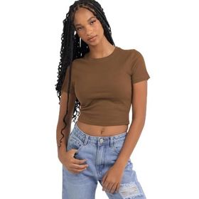 Madmext MG1772 Kahverengi Basic Crop Kadın T-shirt