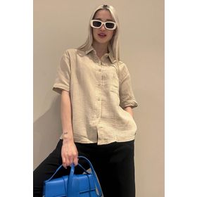Madmext MG1784 Bej Muslin Kumaş Basic Kadın Gömlek