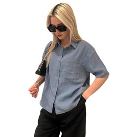 Madmext MG1784 Mavi Müslin Kumaş Basic Kadın Gömlek