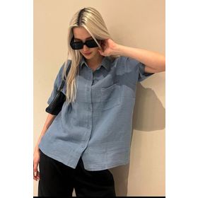 Madmext MG1784 Mavi Müslin Kumaş Basic Kadın Gömlek