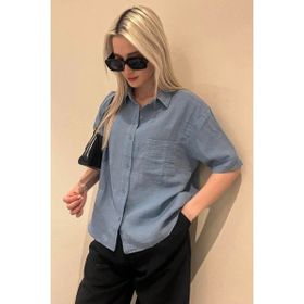 Madmext MG1784 Mavi Müslin Kumaş Basic Kadın Gömlek