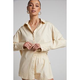Madmext MG1794 Bej Oversize Basic Kadın Gömlek