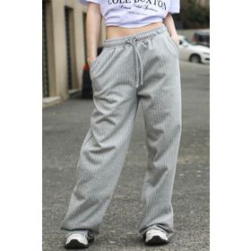 Madmext MG1809 Gri Çizgili Oversize Kadın Pantolon