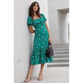 Madmext MG1820 Yeşil Çiçek Desenli Balon Kol Midi Elbise