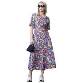 Madmext MG1821 Mavi Çiçek Desenli Gömlek Yaka Midi Elbise