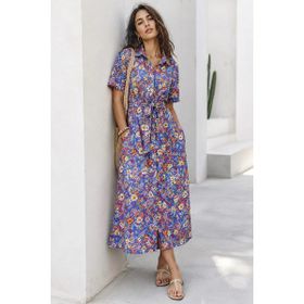 Madmext MG1821 Mavi Çiçek Desenli Gömlek Yaka Midi Elbise