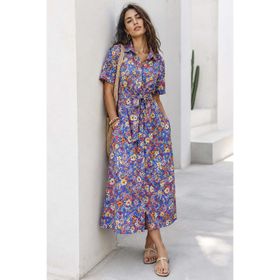 Madmext MG1821 Mavi Çiçek Desenli Gömlek Yaka Midi Elbise