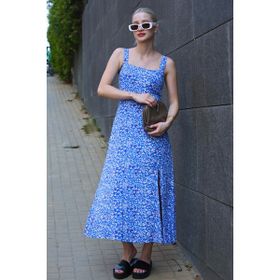 Madmext MG1821 Mavi Desenli Yırtmaçlı Uzun Elbise