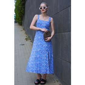Madmext MG1821 Mavi Desenli Yırtmaçlı Uzun Elbise