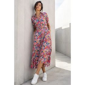 Madmext MG1821 Pembe Çiçek Desenli Gömlek Yaka Midi Elbise