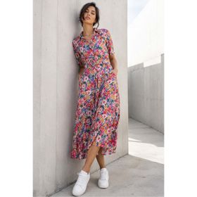 Madmext MG1821 Pembe Çiçek Desenli Gömlek Yaka Midi Elbise