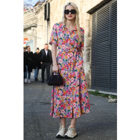 Madmext MG1821 Pembe Çiçek Desenli Gömlek Yaka Midi Elbise