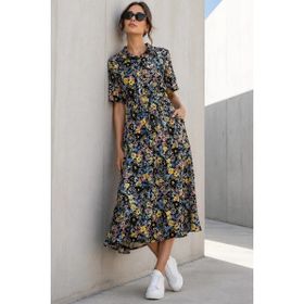 Madmext MG1821 Siyah Çiçek Desenli Gömlek Yaka Midi Elbise