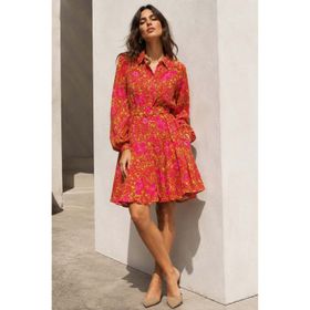Madmext MG1823 Fuşya Çiçek Desenli Gömlek Yaka Mini Elbise