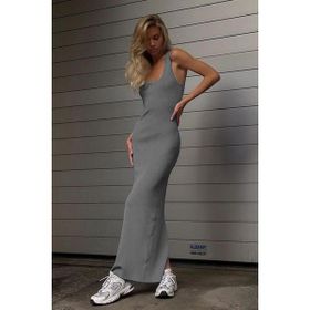 Madmext MG1828 Füme Kare Yaka Uzun Yırtmaçlı Elbise