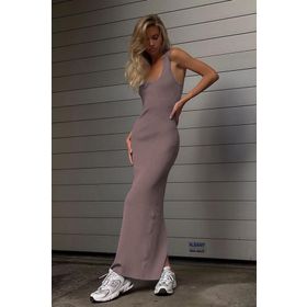 Madmext MG1828 Vizon Kare Yaka Uzun Yırtmaçlı Elbise