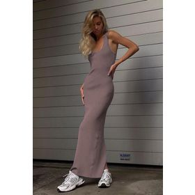 Madmext MG1828 Vizon Kare Yaka Uzun Yırtmaçlı Elbise