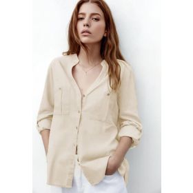 Madmext MG1847 Bej Kıvrık Kollu Keten Karışımlı Kadın Gömlek