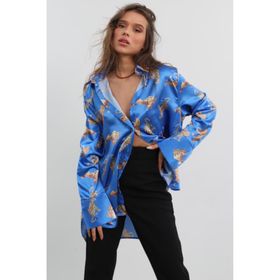 Madmext MG187 Mad Leoparlı Mavi Saten Kadın Gömlek