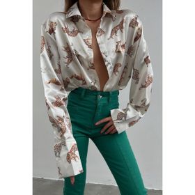Madmext MG187 Mad Leoparlı Mavi Saten Kadın Gömlek