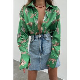 Madmext MG187 Mad Leoparlı Yeşil Saten Kadın Gömlek