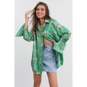 Madmext MG187 Mad Leoparlı Yeşil Saten Kadın Gömlek