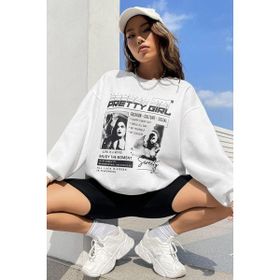 Madmext MG1923 Beyaz Baskılı Oversize Kadın Sweatshirt