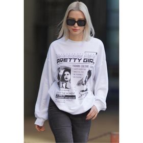 Madmext MG1923 Beyaz Baskılı Oversize Kadın Sweatshirt