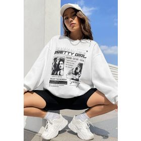 Madmext MG1923 Beyaz Baskılı Oversize Kadın Sweatshirt