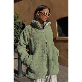 Madmext MG1966 Mint Yeşili Dik Yakalı Cepli Peluş Mont